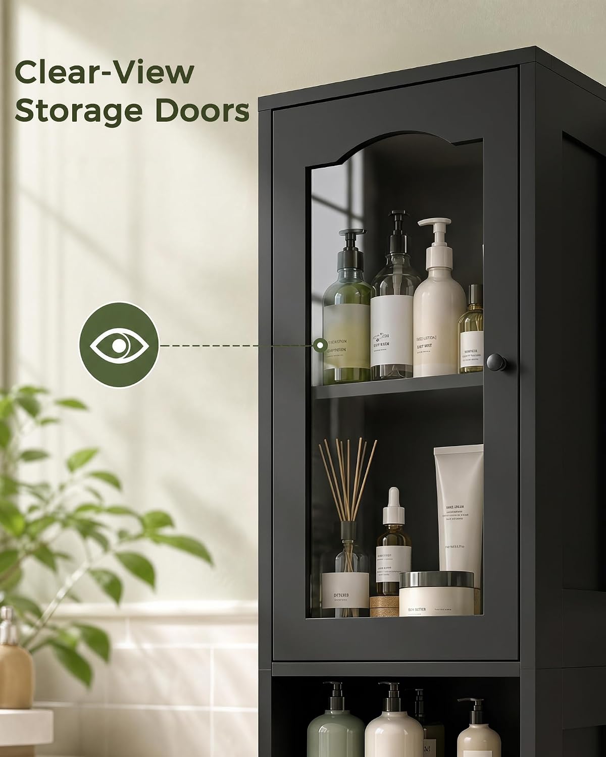 fineway 68"H x 16"W Tall Bathroom Storage Cabinet with Door & Drawer, Black | Clear-View Doors, 6-in-1 Large Capacity Storage, Easy Assembly & 4-Year Warranty, FSC-Certified Wood, Anti-Tip Safety