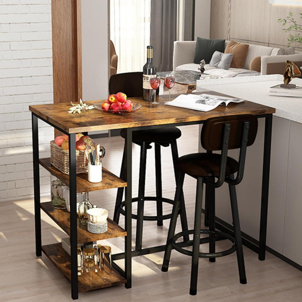 Recaceik Pub Dining Table Set for 2, Table and Bar Stools with 3 Storage Shelves, MDF Board & PU Leather Backrest Chairs, 3 Piece Dining Set for Small Space, Apartment, Kitchen Island, Brown