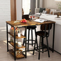Recaceik Pub Dining Table Set for 2, Table and Bar Stools with 3 Storage Shelves, MDF Board & PU Leather Backrest Chairs, 3 Piece Dining Set for Small Space, Apartment, Kitchen Island, Brown