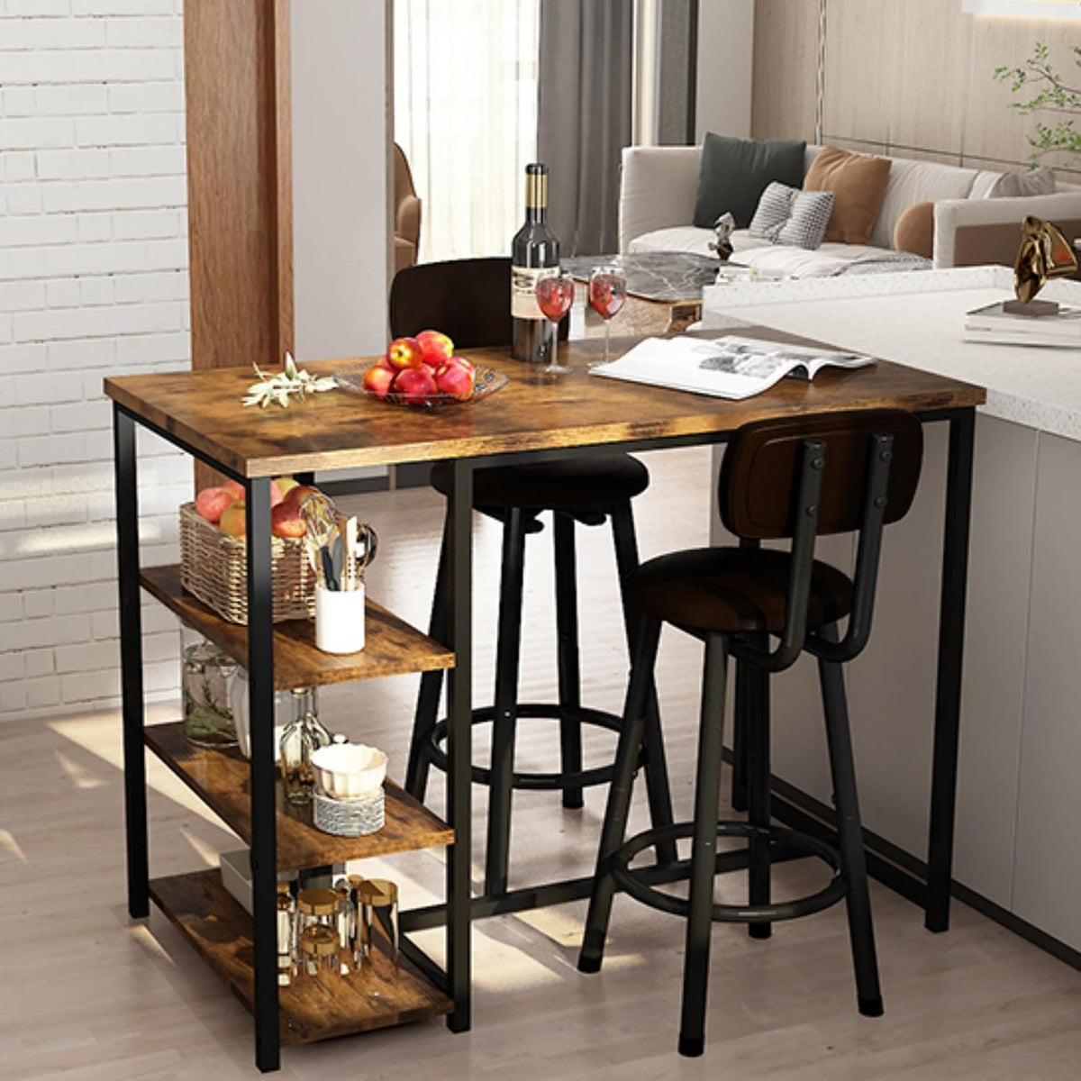 Recaceik Pub Dining Table Set for 2, Table and Bar Stools with 3 Storage Shelves, MDF Board & PU Leather Backrest Chairs, 3 Piece Dining Set for Small Space, Apartment, Kitchen Island, Brown