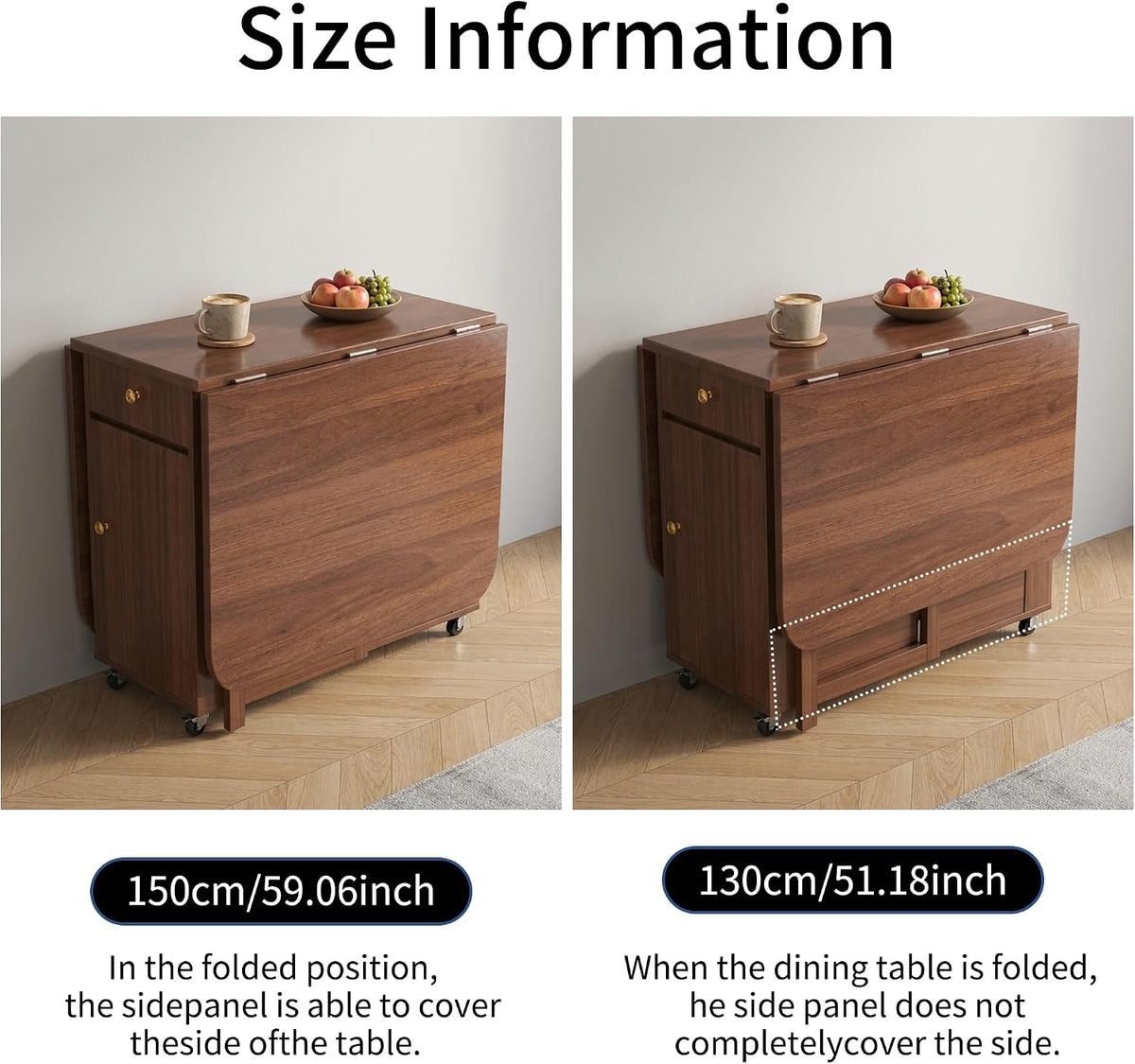 Folding Drop Leaf Dining Table and Hidden Chairs for Small Spaces Kitchen | Fully Assembled, Space Saving, Storage Table & 4 Lockable Wheels, Solid Wood & Wood Grain Finish, Walnut