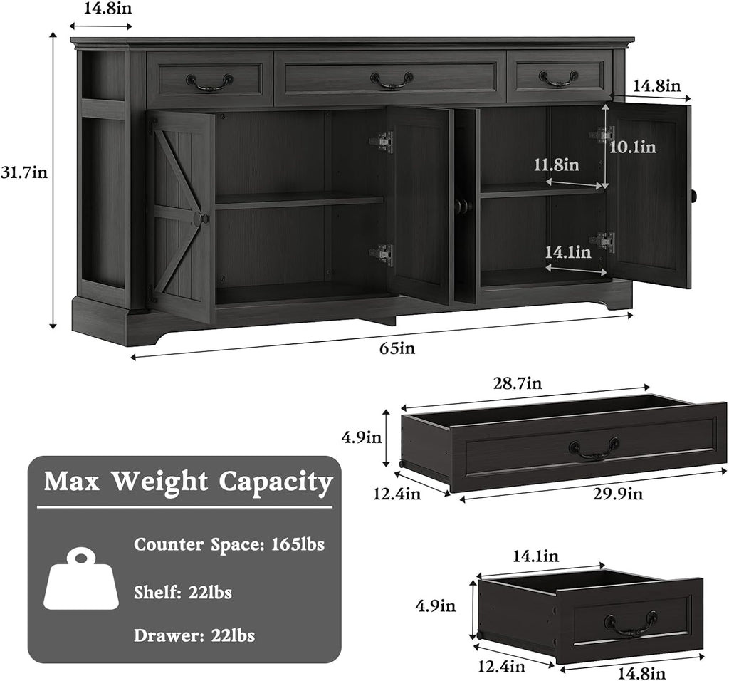 Vipbear 65" Large Sideboard Buffet Cabinet with Storage, Farmhouse Buffet Table Wine Coffee Bar Kitchen Storage Cabinet with 3 Drawers 4 Doors for Living Room, Kitchen, Dining Room, Black Oak