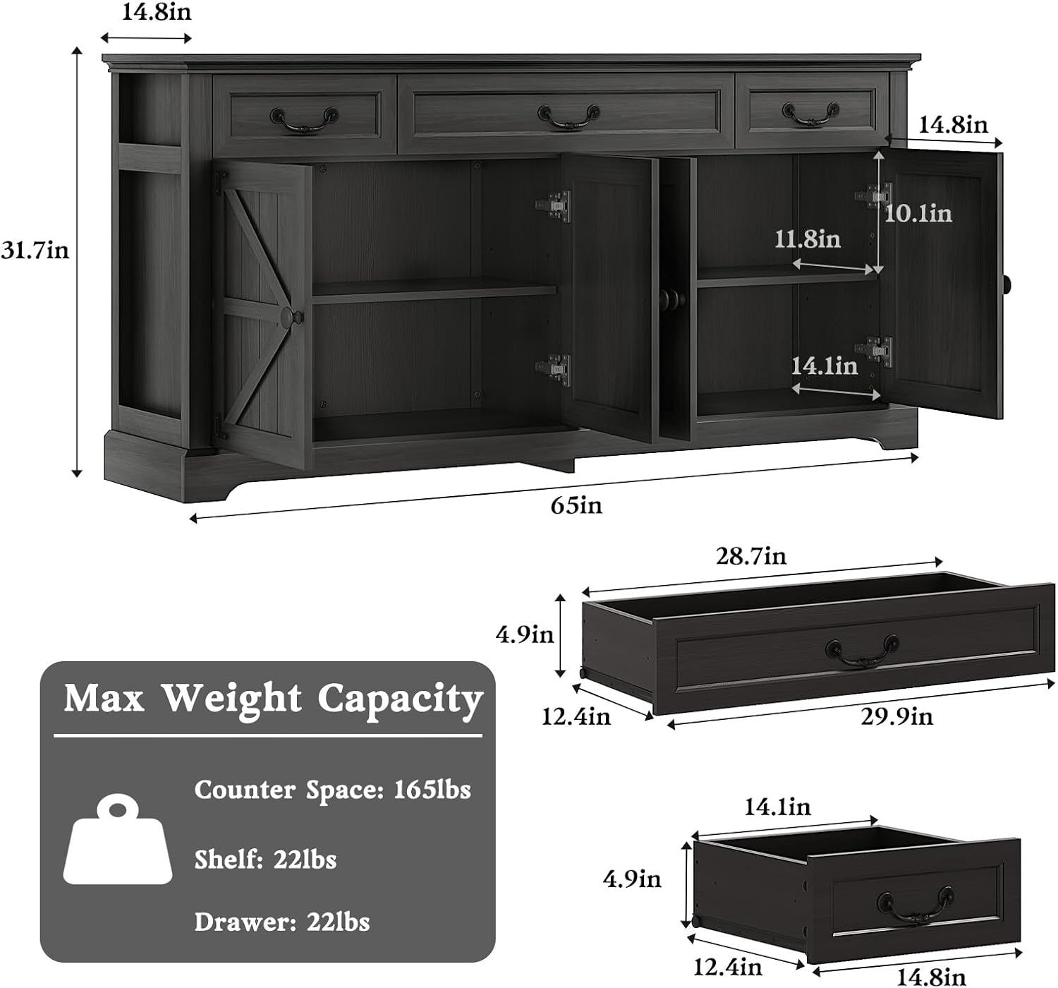 Vipbear 65" Large Sideboard Buffet Cabinet with Storage, Farmhouse Buffet Table Wine Coffee Bar Kitchen Storage Cabinet with 3 Drawers 4 Doors for Living Room, Kitchen, Dining Room, Black Oak
