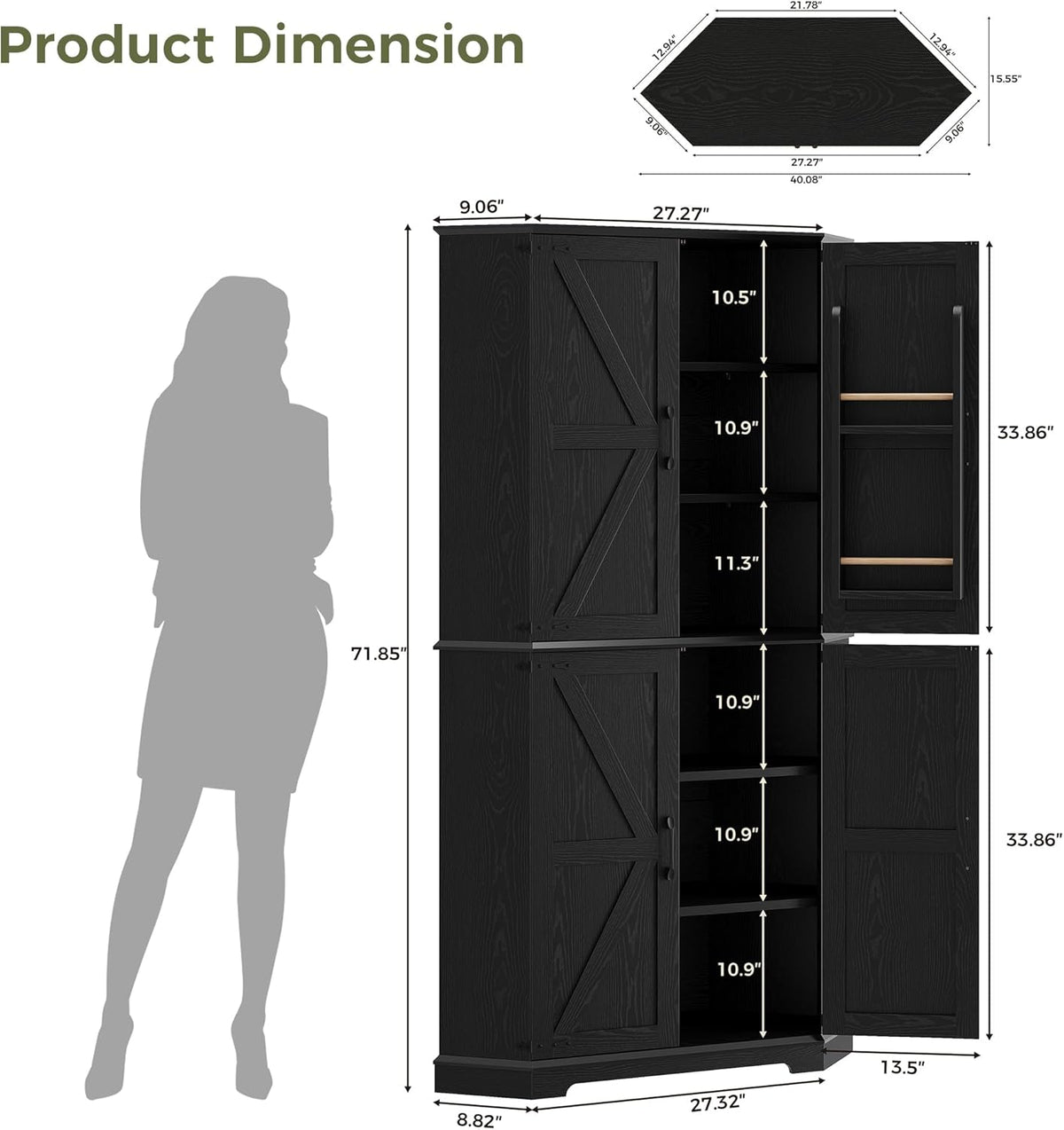 IRONCK Corner Cabinet, 72" Kitchen Pantry Cabinet, 6-Tier Freestanding Farmhouse Pantry with 2 Adjustable Shelves, 240°Swivel Doors, 2 Doors Storage, Spacious Hutch for Kitchen, Living Room, Black