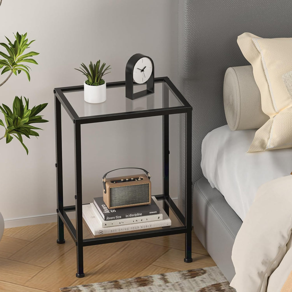 Side Tables Set of 2,Tempered Glass End Tables, 2-Tier Nightstands with Open Shelves, Small Coffee Table with Modern Style, Accent Table Small Table Sofa Table for Living Room, Bedroom, Black