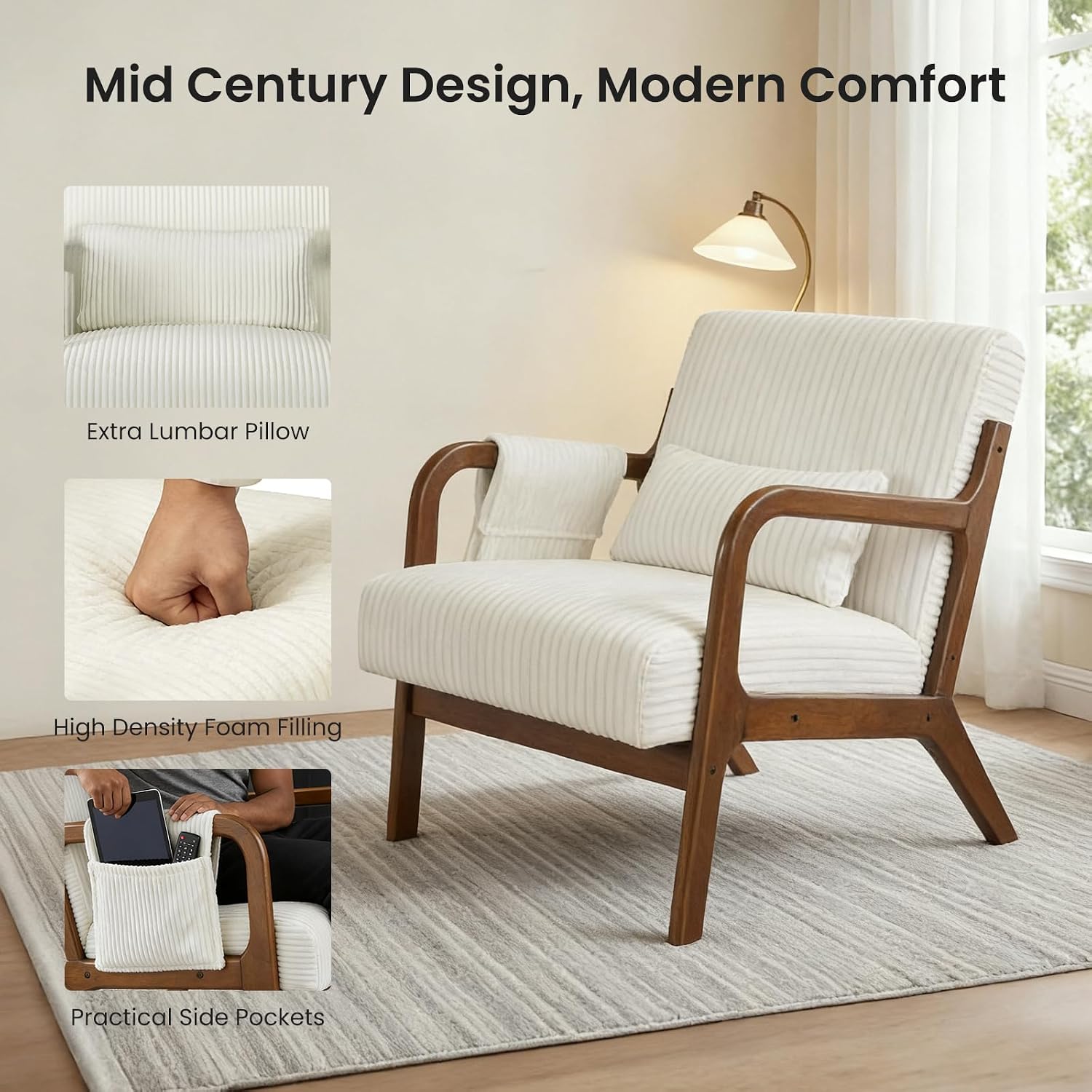 DUMOS Mid Century Modern Accent Chair, 17'' Seat Height with Side Pocket