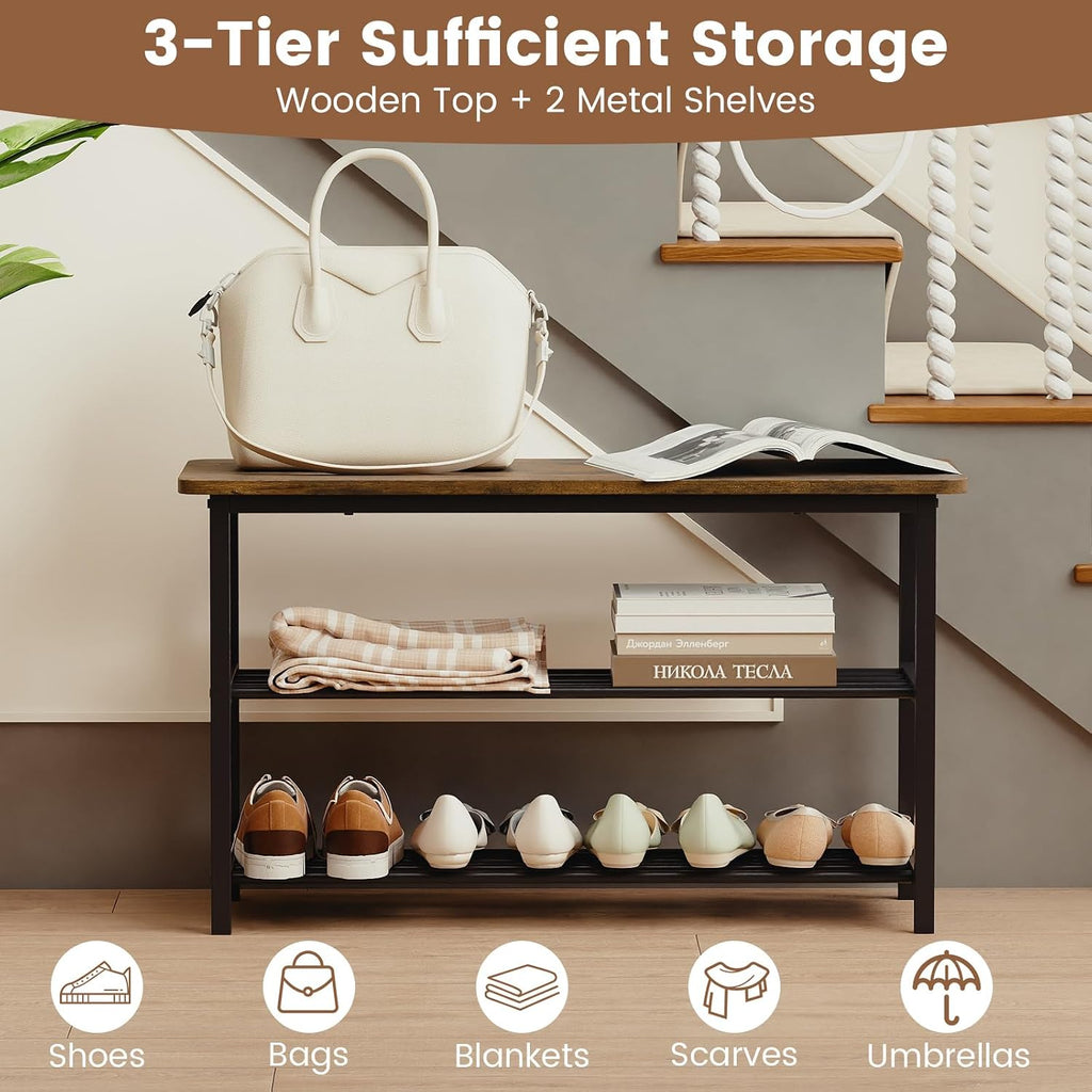 Giantex 3-Tier Shoe Bench, 32" L Shoe Organizer Storage Bench with Metal Slat Shelves & Seat, Front Door Shoe Rack for Entryway, Hallway, Bedroom, Living Room