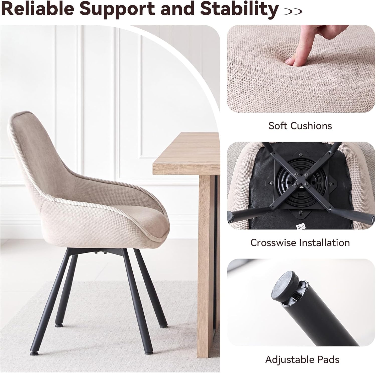 Swivel Dining Chair Set of 2, Modern Upholstered Fabric Kitchen Chairs with Thicken Cushion for Living Room Bedroom Restaurant (Beige)
