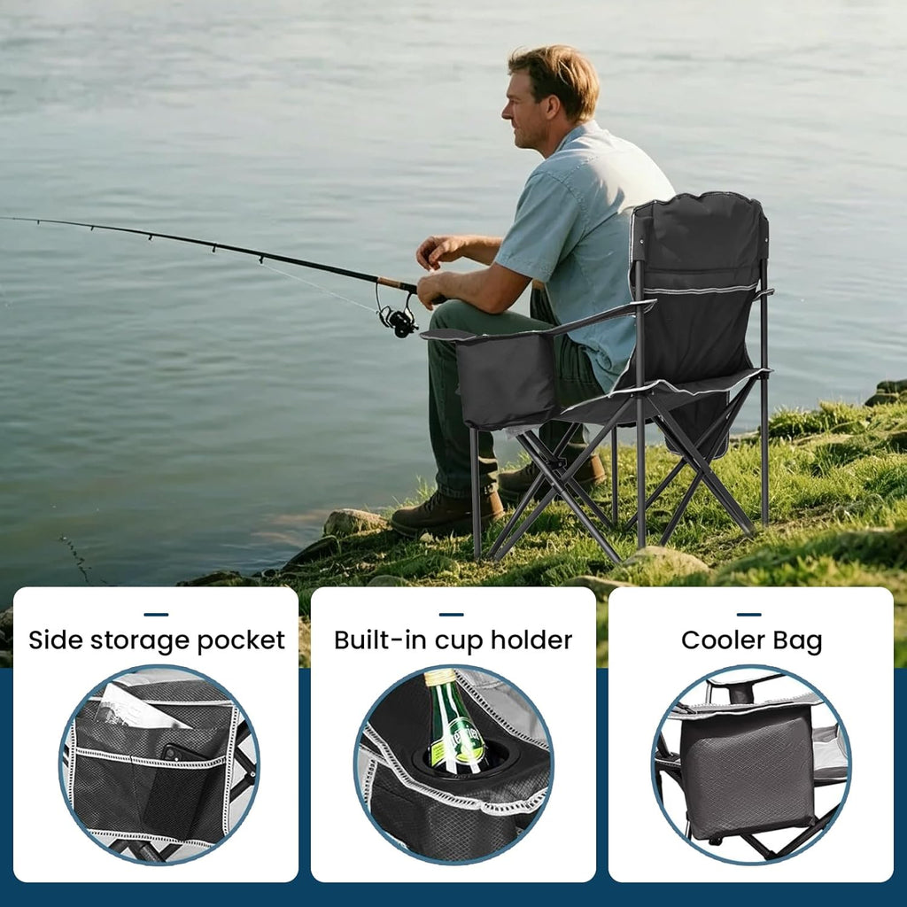 Oversized Camping Chair 500lbs Capacity for Big and Tall, 2 Pack Extra Wide Padded Folding Chair for Heavy People, Heavy Duty Portable Outside Chair with Cooler Bag & Cup Holder, Black