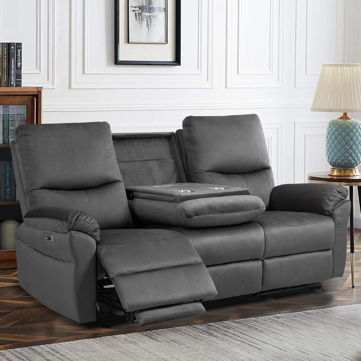 Reclining Sofa, Power Reclining Sofa with Drop-Down Table & Cup Holders, Modern 3 Seat Power Reclining Couch, Wall Hugger Sofa Recliner for Living Room Furniture Sets(Dark Gray)