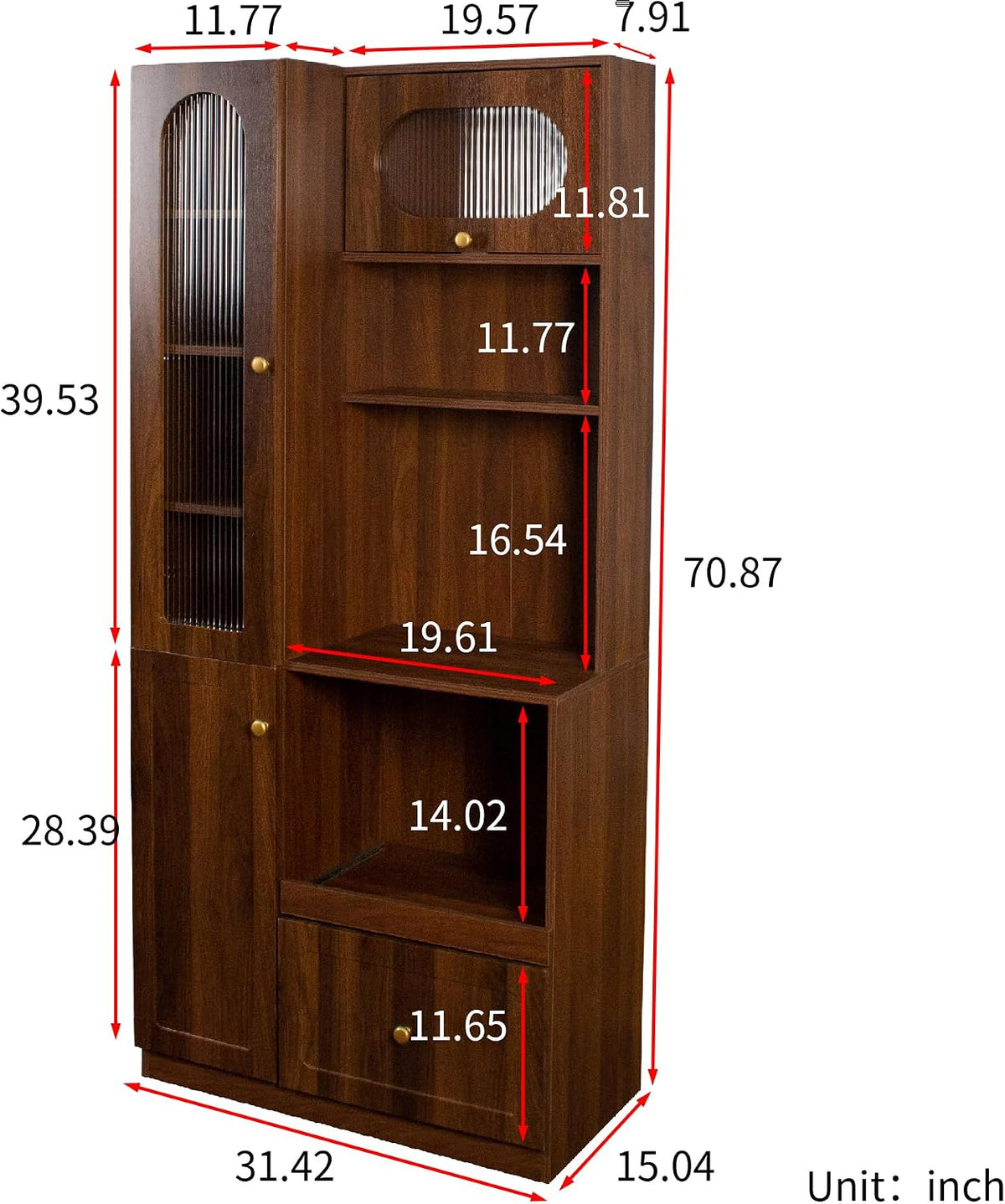 Pantry Cabinet, 71" Kitchen Buffet Hutch with Fluted Glass & Pull-Out | Multi-tier storage with fluted glass door, pull-out shelf & deep drawer for kitchen, dining room & coffee bar organizing