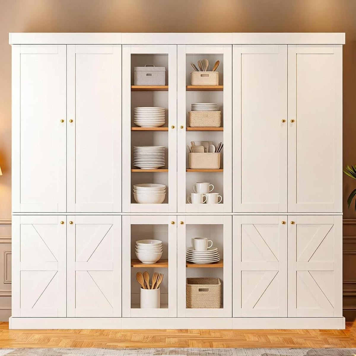 70.8" Tall Farmhouse Kitchen Pantry Cabinet with Glass Doors, Modular Wooden Storage Cabinet with 6-Tier Adjustable Shelves, Hutch for Kitchen or Living Room, Set of 3, White
