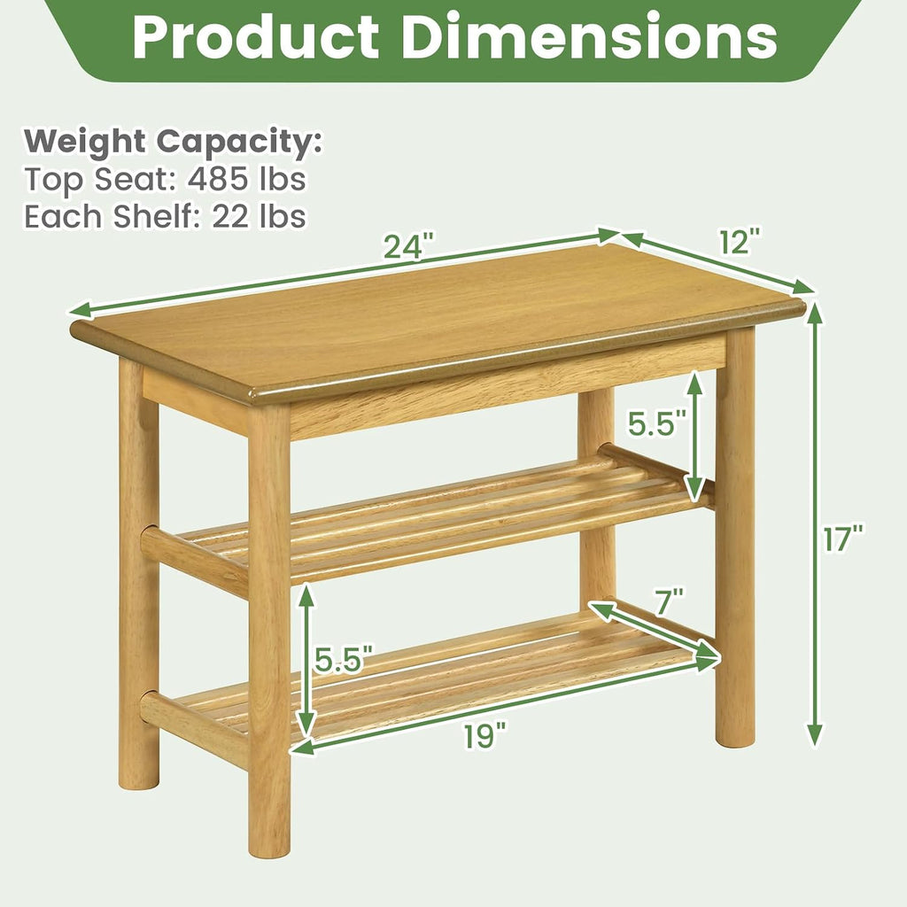 Giantex Shoe Rack Bench, 3-Tier Entryway Bench with Slat Shelves, Wooden Shoe Storage Organizer for Living Room, Front Door, Bedroom, Holds up to 485 lbs, 12 x 24 x 17 Inches