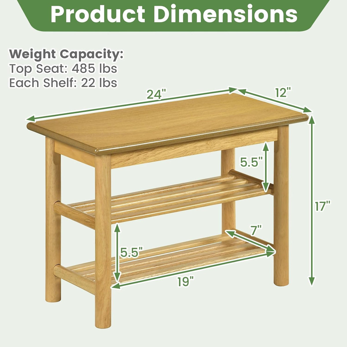 Giantex Shoe Rack Bench, 3-Tier Entryway Bench with Slat Shelves, Wooden Shoe Storage Organizer for Living Room, Front Door, Bedroom, Holds up to 485 lbs, 12 x 24 x 17 Inches