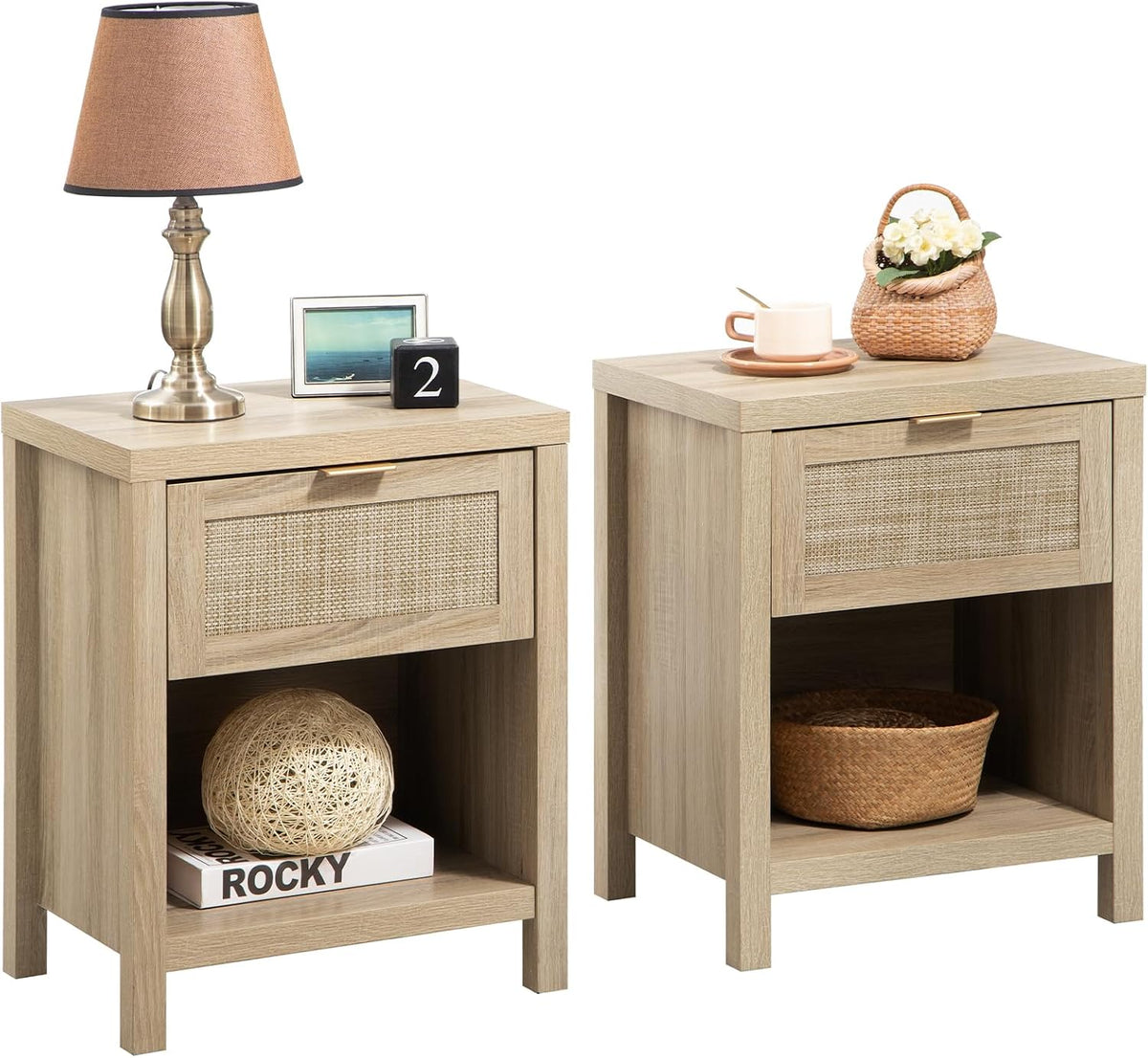 SICOTAS Nightstands Set of 2 Rattan Night Stand with Drawer | Farmhouse Bedside Table with Storage Shelf - Boho End Side Table for Bedroom, Light Oak