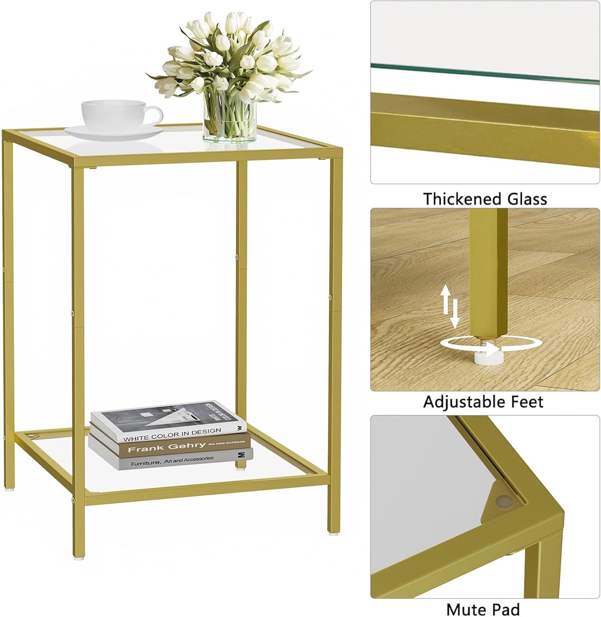 3-Piece Living Room Table Set, Glass Coffee Table with 2 Side Tables, Modern Rectangular Center Table & Square End Tables with Storage Shelves, Golden Metal Frame, Easy Assembly
