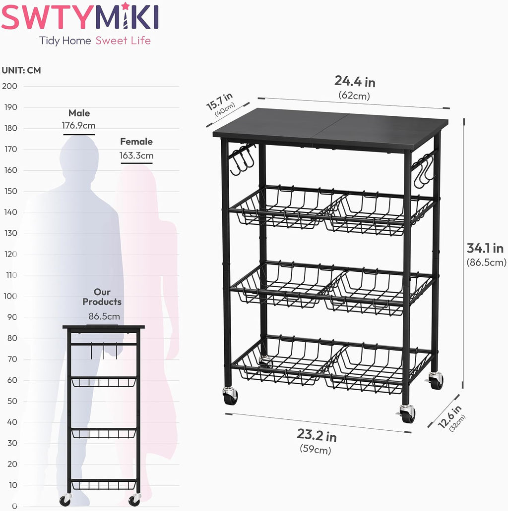 SWTYMIKI 24.4''x15.7'' Rolling Microwave Cart - 4 Tier Microwave Table Stand with 6 Storage Baskets, Coffee Bar with Wheels, Kitchen Utility Cart Shelf Rack Organizer for Vegetables, Potato, Black