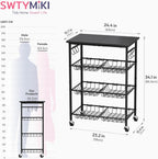 SWTYMIKI 24.4''x15.7'' Rolling Microwave Cart - 4 Tier Microwave Table Stand with 6 Storage Baskets, Coffee Bar with Wheels, Kitchen Utility Cart Shelf Rack Organizer for Vegetables, Potato, Black