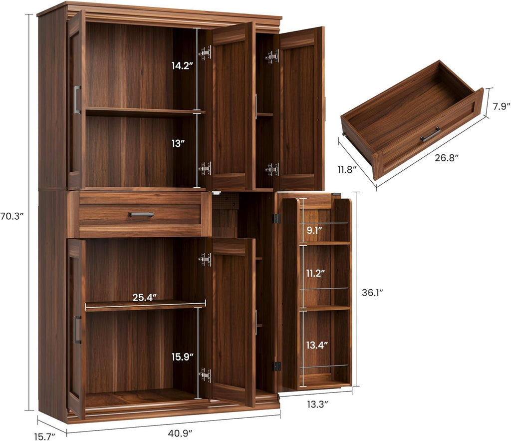 Garvee 70" Tall Kitchen Pantry Storage Cabinet, Modern Kitchen Hutch Cabinet with Doors and Shelves, Freestanding Food Pantry with Large Storage Drawer for Dining Room and Household Organization