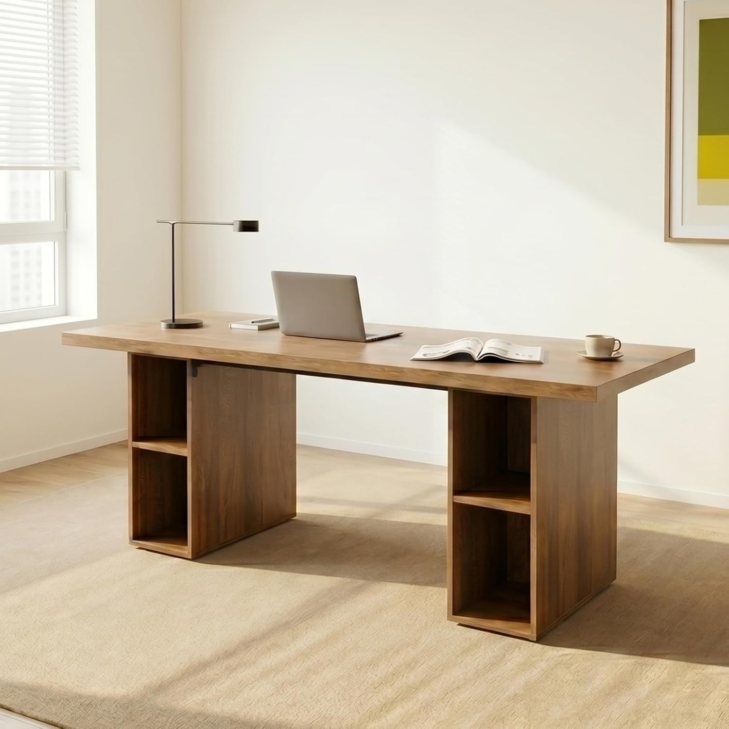 HIPIHOM 70.8'' Large Wooden Dining Table with 6 Open Storage Shelves,Multifunctional Kitchen Table and Computer Workstation, Suitable for 4-6 People, Family Dining Room