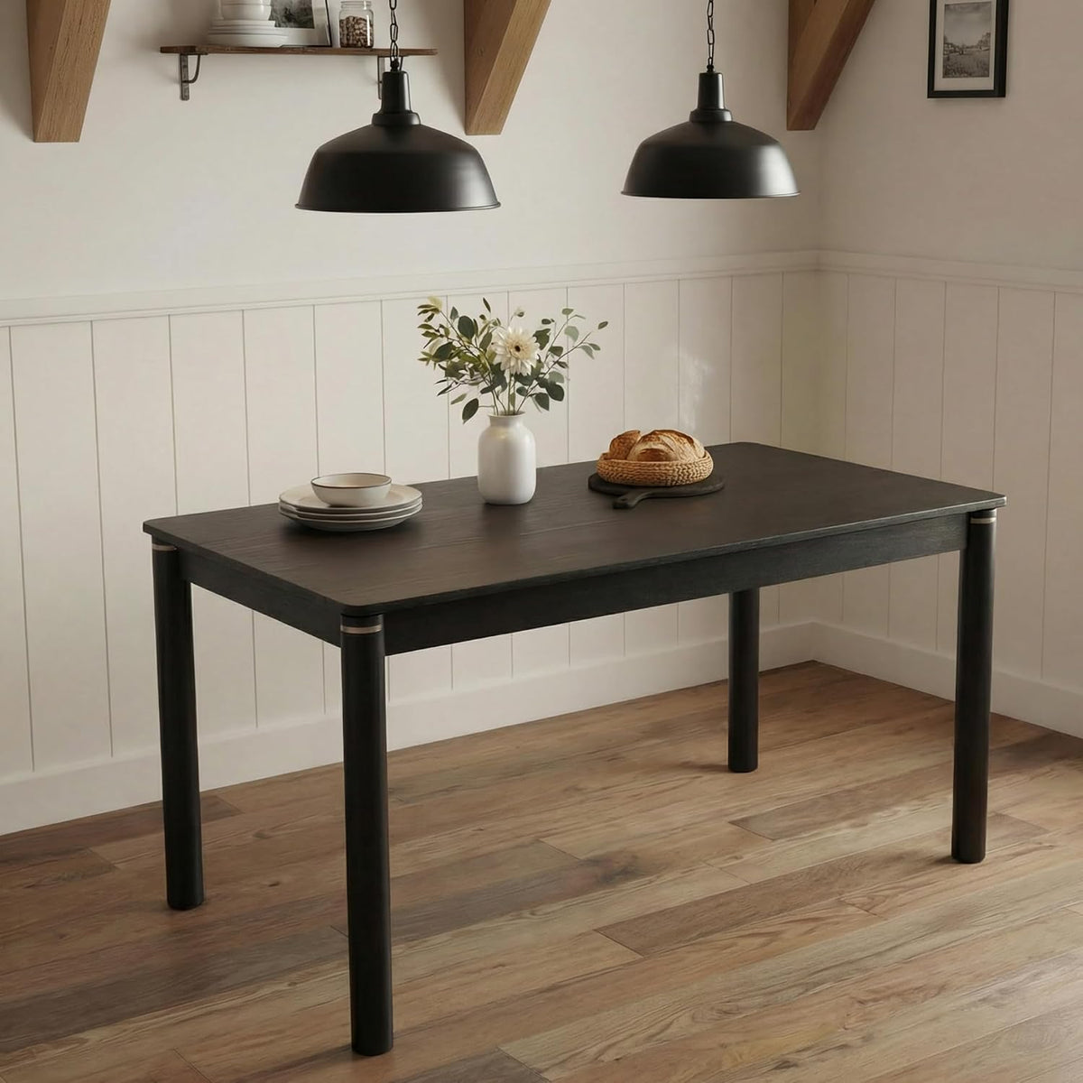 Hyfirm 63 Inch Black Solid Wood Dining Table for 4-6, Mid Century Modern Rectangular Dining Table with Gold Ring Decoration, Farmhouse Dinner Table for Dining Room Restaurant