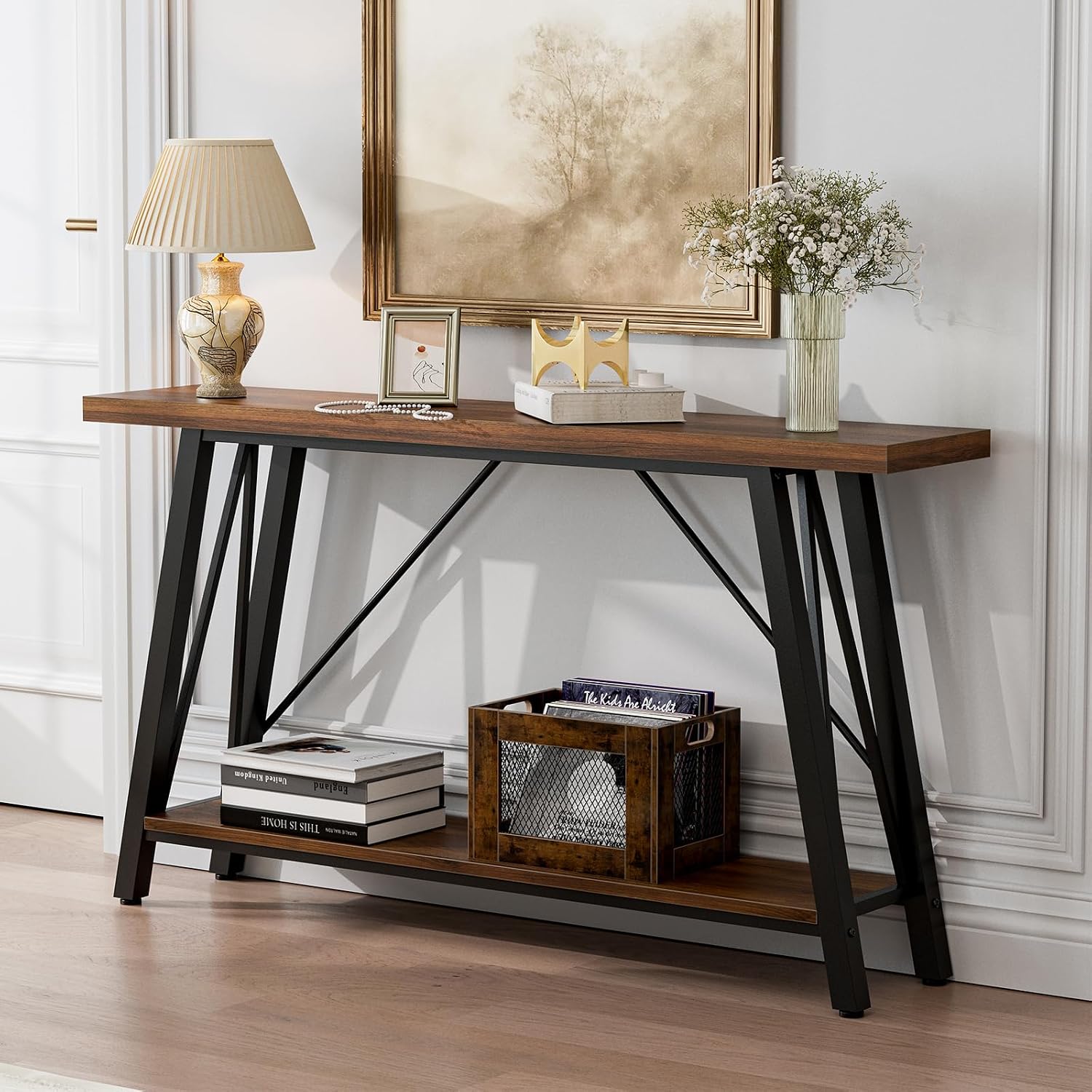 GAZHOME Console Table with Storage Shelf - Industrial Style Sofa Table Behind Couch for Living Room & Entryway, Rustic Brown,53.1 Inch