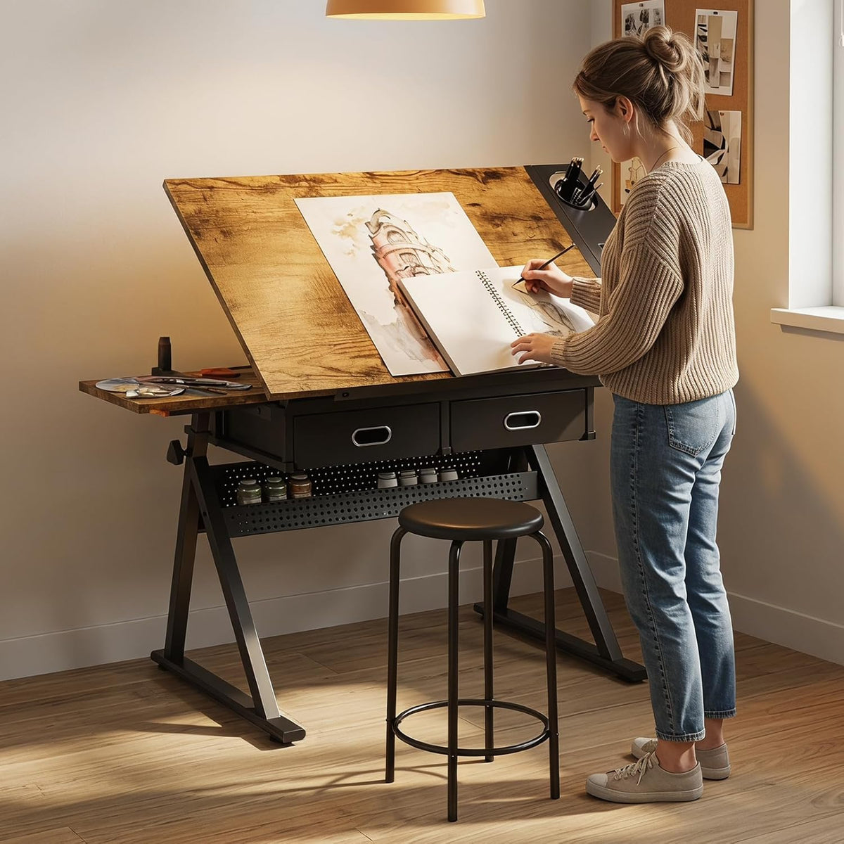 Height Adjustable Drafting Table Drawing Table Artist Desk Tilting Tabletop Art Craft Desk with 2 Storage Drawers and Stool, Art Craft Desk for Artist Painters Drawing Painting (Brown+Black)
