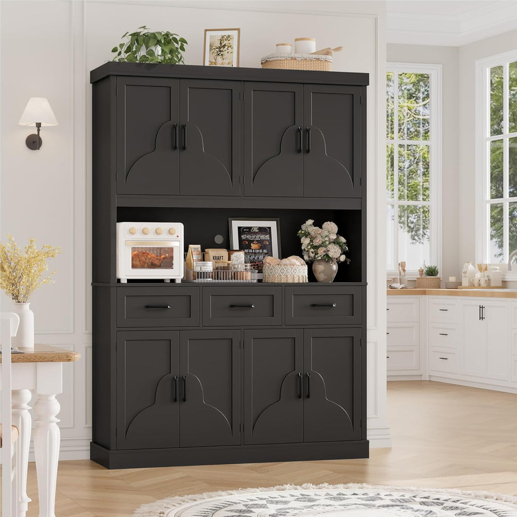 HITHOS 76" Tall Kitchen Pantry Storage Cabinet, 55“ Wide Kitchen Hutch Cabinet with Storage Drawers, Large Food Pantry with Microwave Stand, Modern Cupboard with Hutch for Dining Living Room, Black