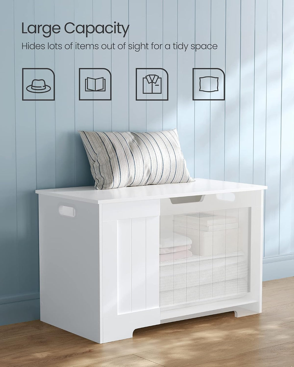 VASAGLE Storage Chest, 29.9 Inches Width Bench with 2 Safety Hinges | Shoe Bench, Farmhouse Style, for Entryway, Bedroom, Living Room, Cloud White, SOFIE Collection ULHS11WT