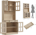 IDEAHOUSE 72 Inch Kitchen Pantry Cabinet with Glass Doors, Drawer and Adjustable Shelves, Farmhouse Tall Storage Cabinet with Open Countertop, Wood