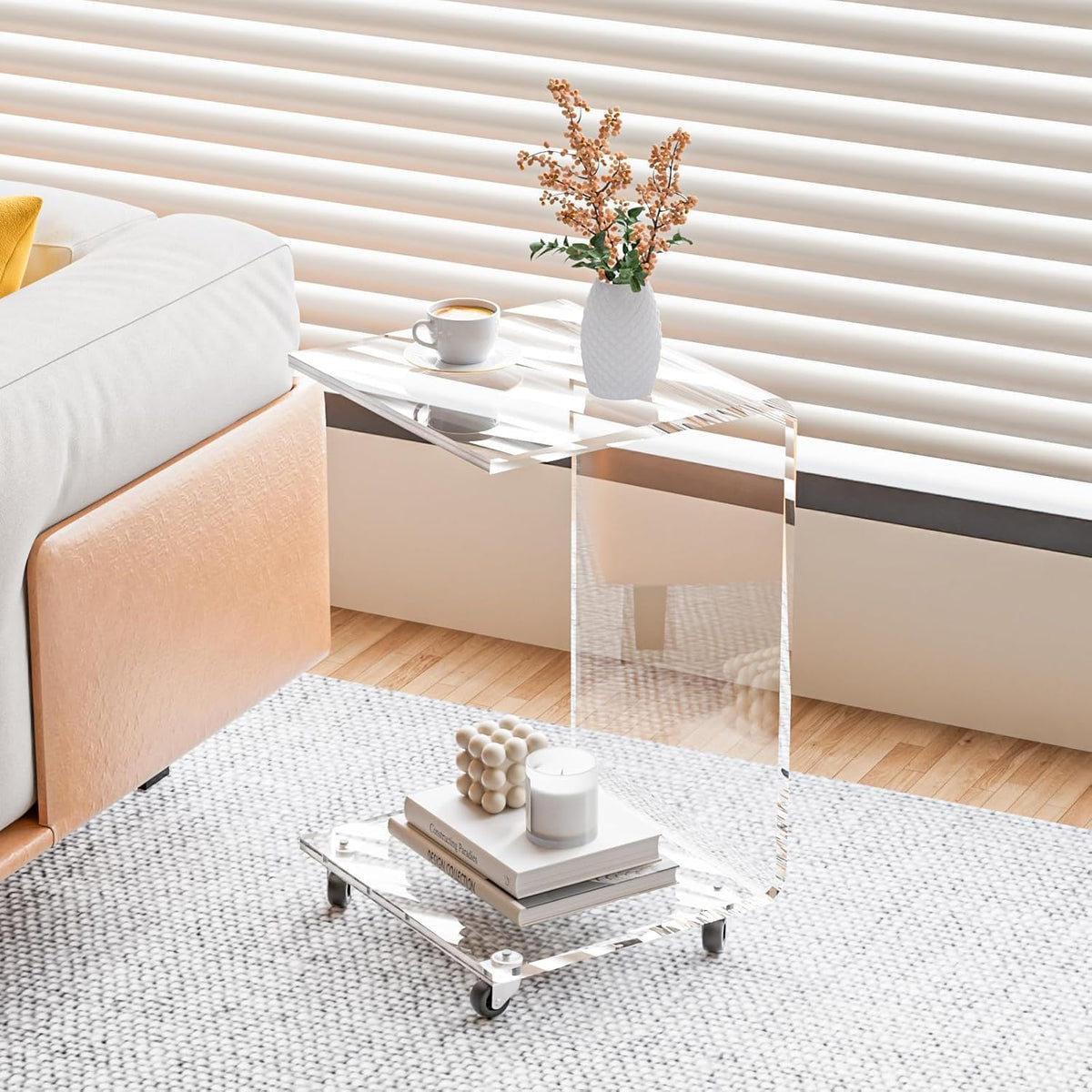 Acrylic C Table with Wheels, 2-Tier Mobile Side Table for Small Spaces, Sofa/Couch End Table, Clear Drink Table, Modern Laptop Stand for Living Room Bedroom, 13.8" L x 13" W x 22" H