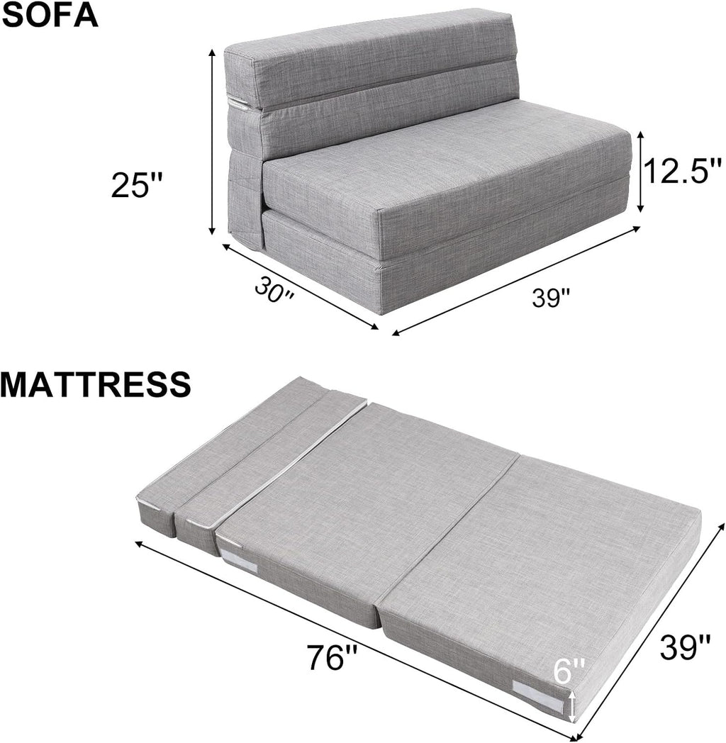 Folding Sleeper Chair Sofa Bed Lazy Couch with Pillow, Fold Out Chair Bed | Foam Futon Floor Couch, Convertible Sofa for Small Space Apartment Guest Room, Twin Size, Light Gray