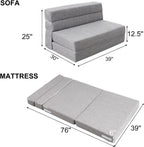 Folding Sleeper Chair Sofa Bed Lazy Couch with Pillow, Fold Out Chair Bed | Foam Futon Floor Couch, Convertible Sofa for Small Space Apartment Guest Room, Twin Size, Light Gray