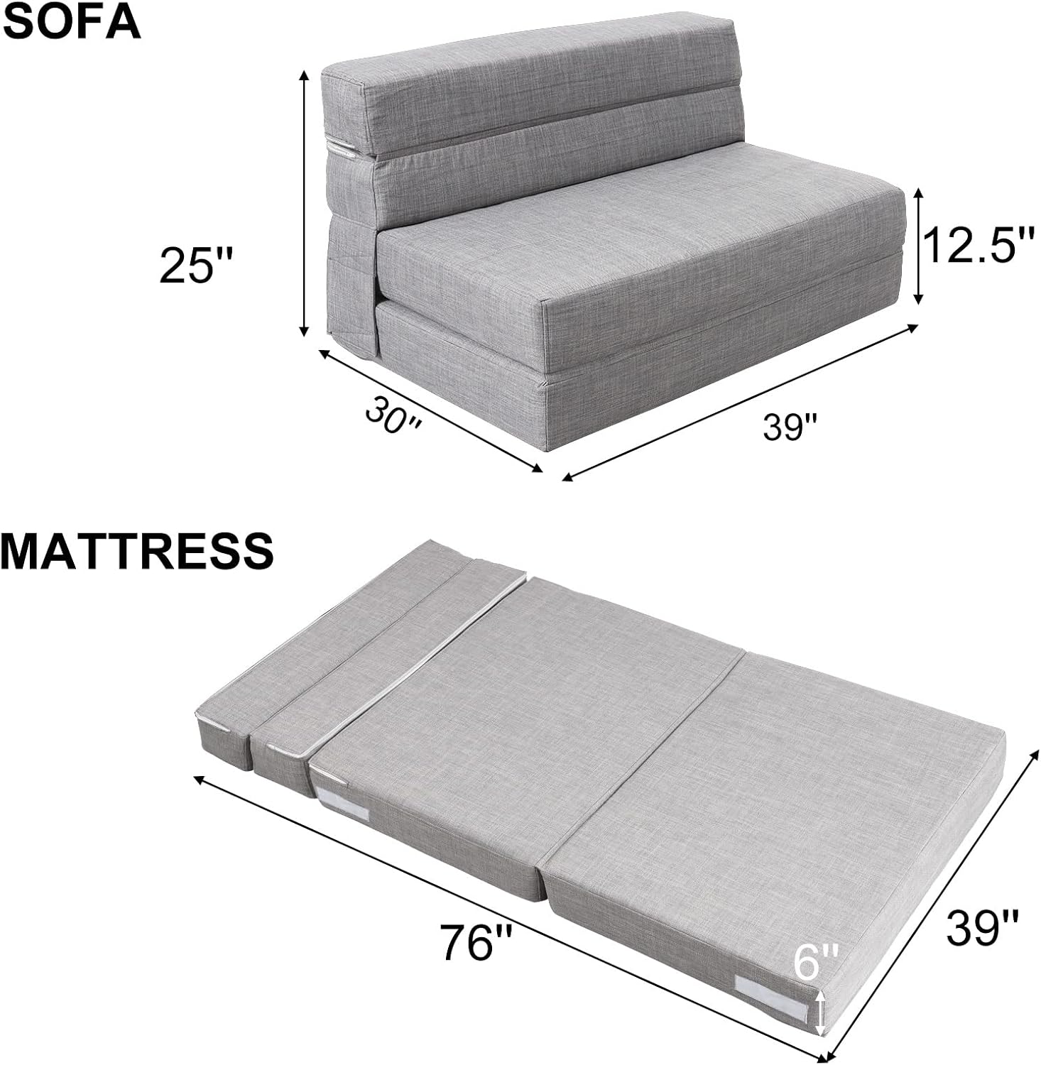 Folding Sleeper Chair Sofa Bed Lazy Couch with Pillow, Fold Out Chair Bed | Foam Futon Floor Couch, Convertible Sofa for Small Space Apartment Guest Room, Twin Size, Light Gray