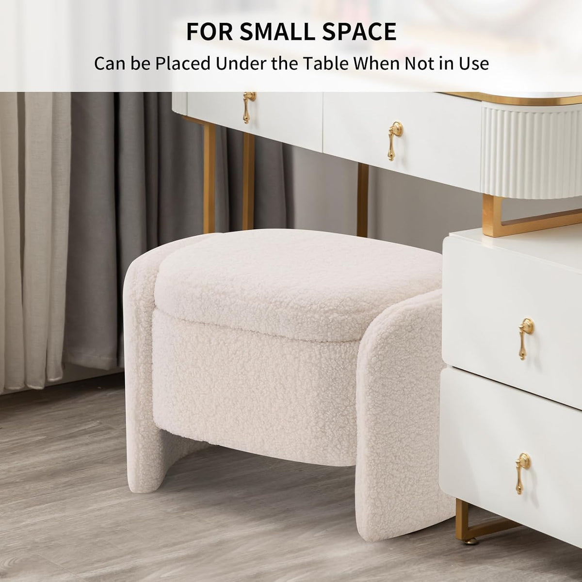 Storage Bench with Lamb Fleece Fabric, Vanity Stool Chair, Upholstered Ottoman with Small Hidden Storage for Bedroom, Living Room, Entryway, No Assembly Required, Beige