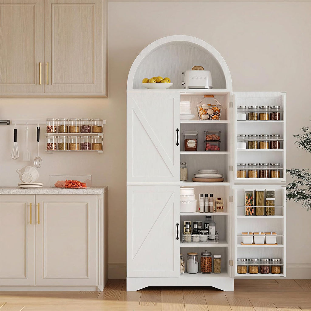 70" Tall Arched Pantry Cabinet, Kitchen Cupboard with Barn Doors, Adjustable Shelves & 3-Color Human Sensor LED Lights for Kitchen/Living Room, White