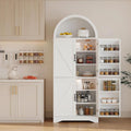 70" Tall Arched Pantry Cabinet, Kitchen Cupboard with Barn Doors, Adjustable Shelves & 3-Color Human Sensor LED Lights for Kitchen/Living Room, White