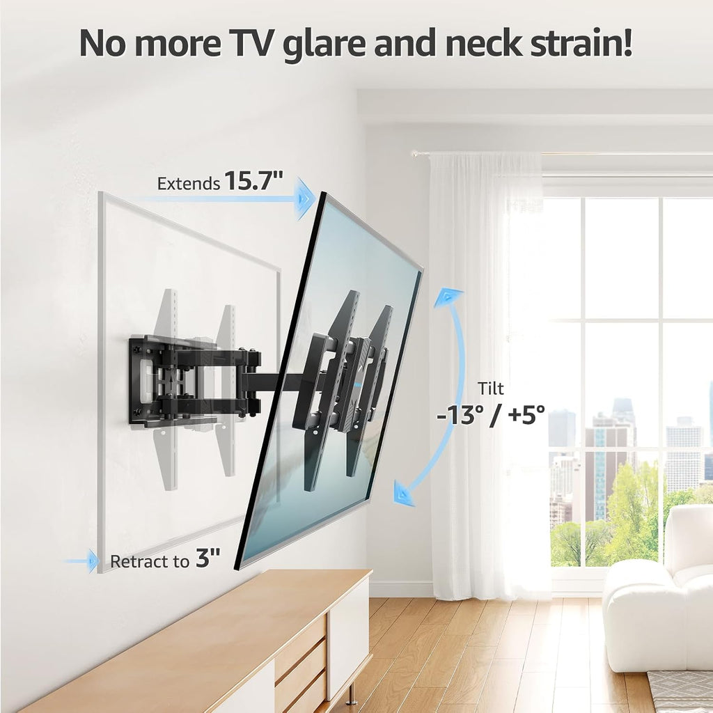 MOUNTUP Full Motion TV Wall Mount for 42-82'' TV, Holds 100lbs Fit 16" Stud | Full-motion TV mount tilts up 5° and down 10° for anti-glare, swivels ±45°, extends 15.7" and retracts 3" for space-saving