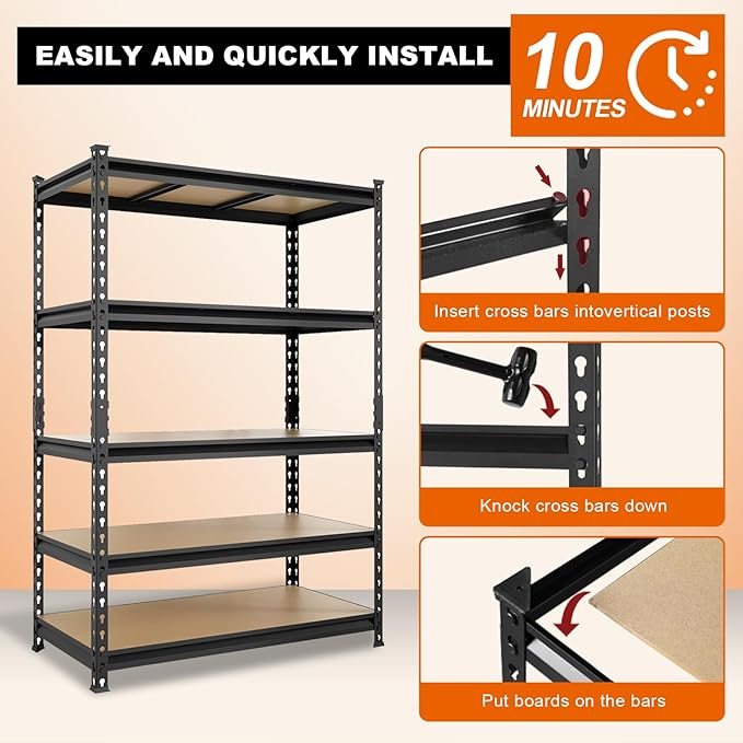 BIG RED Storage Shelving Unit, 5-Tier Adjustable, Heavy Duty Metal Garage Shelves/Utility Rack for Kitchen, Pantry, Basement, Bathroom, Laundry - 3,000lb Capacity, Black, 72" H x 48" W x 24" D