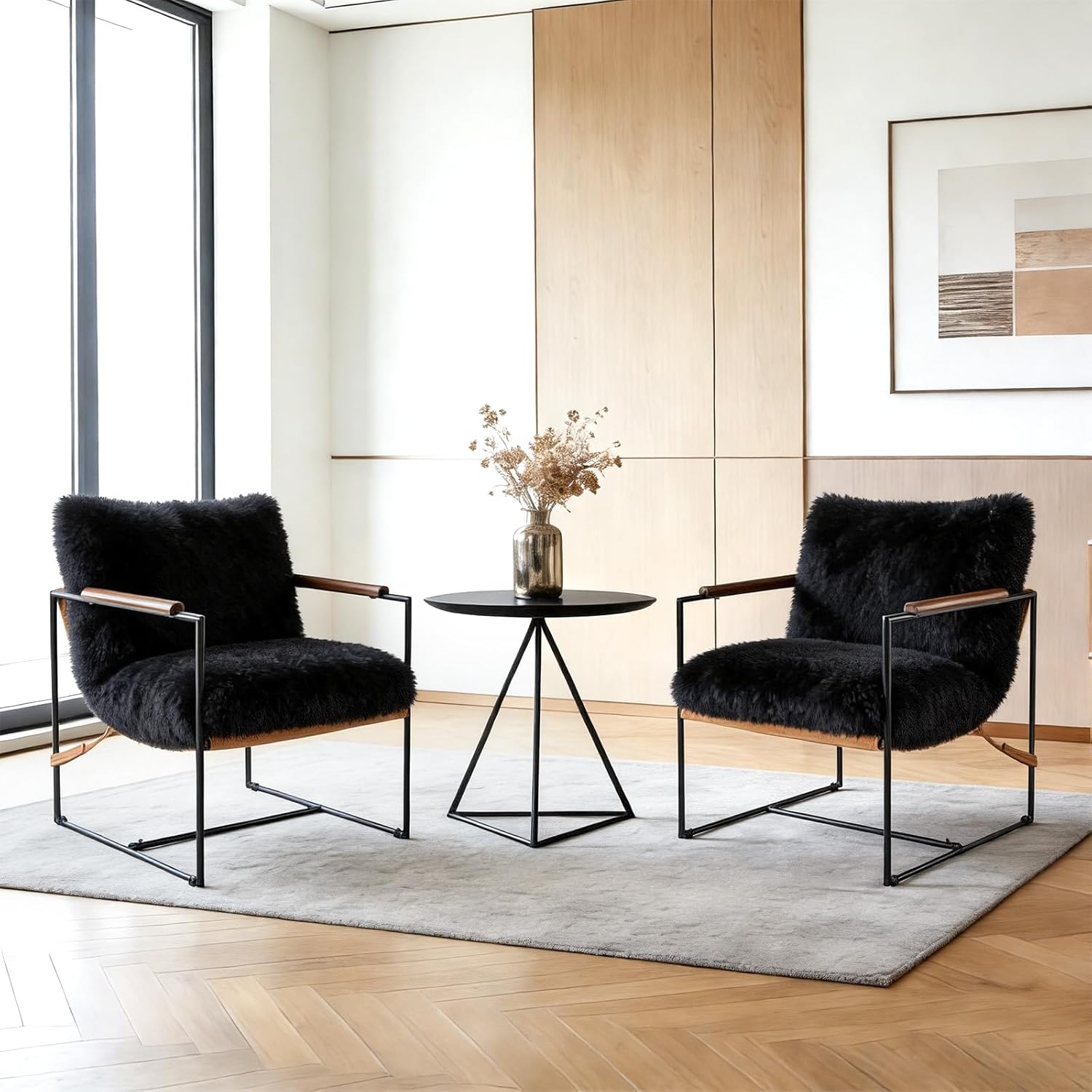 VINGLI 28" Wide Plush Upholstery Sling Modern Accent Chairs Set of 2, Cute Reading Armchair with Removable Seat Cushion & Tan Microfiber Seat Base, Lazy Chair for Bedroom & Lounge,Black
