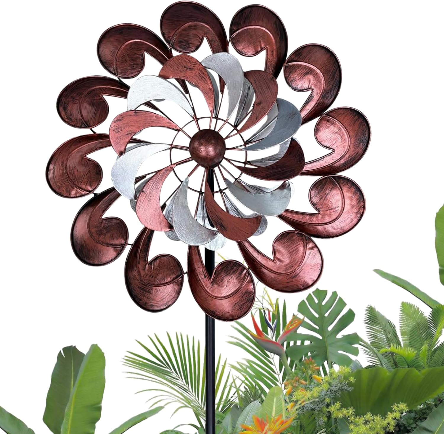 GUAGUA Classical Metal Wind Spinner Outdoor, 360 Degrees Swivel Wind Spinners for Yard and Garden, 74 Inch Kinetic Wind Sculptures Willow Leaves Patio Decor (Bronze & Red)