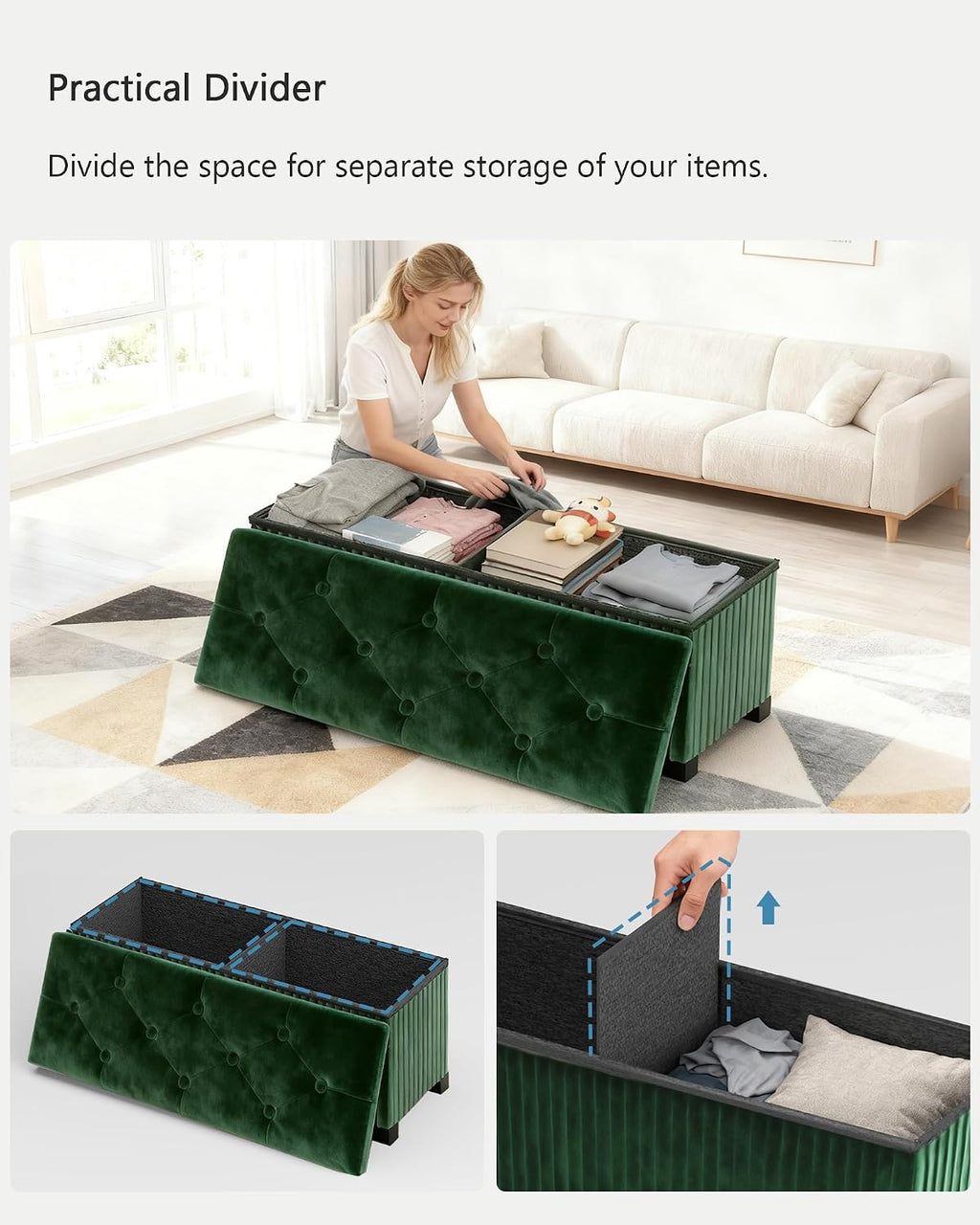 LITZFUR 43 Inches Storage Ottoman Bench, Velvet Foot Rest Stool, Green | Folding Ottoman with Legs, End of Bed Bench, Storage Chest for Living Room, Bedroom