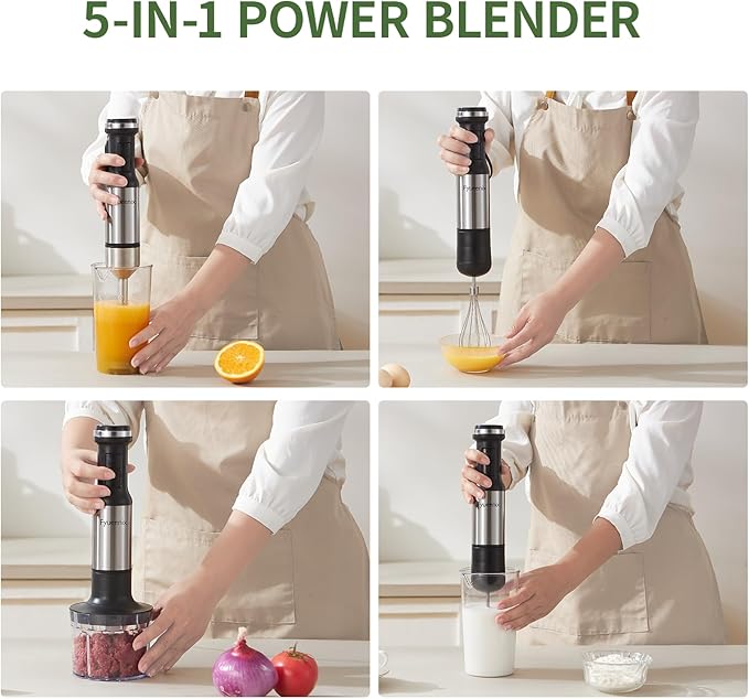 Immersion Blender Handheld Corded Hand Blenders 5 in 1 Set 800W, Stainless Steel Stick Blender Turbo Mode with 600 ml Mixing Beaker with Lid, 400 ml Chopper, Whisk, Milk Frother, BPA-Free
