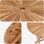 Round Solid Teak Folding Table with Water-Based Finish, 43.31 x 29.53 in, Slatted Top for Drainage, Umbrella Hole, Seats Four for Garden Patio