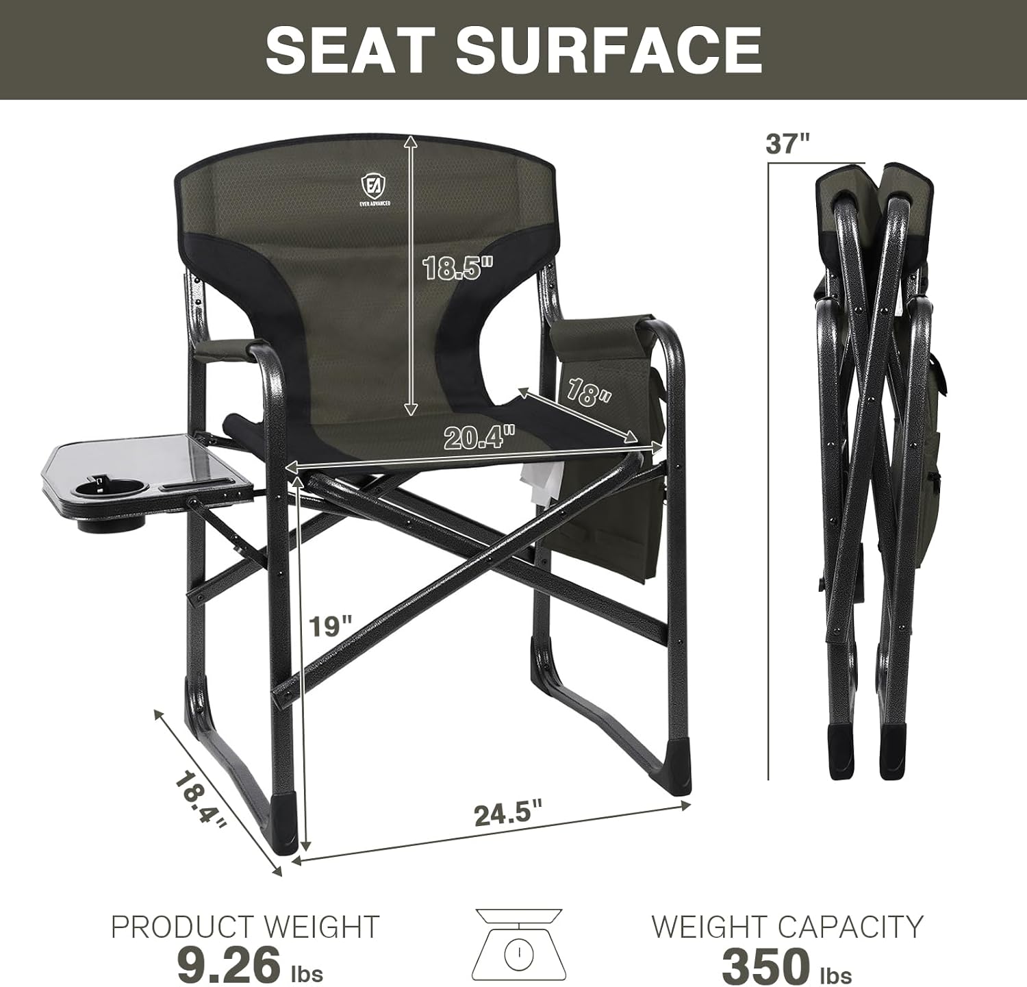 EVER ADVANCED Lightweight Aluminum Director Camping Chair, 350 lb Capacity | 19" Joint-Friendly Seat for Easy Standing with Side Table, Cup Holder & Storage, Ideal for Camping, Makeup Artists, Vendors