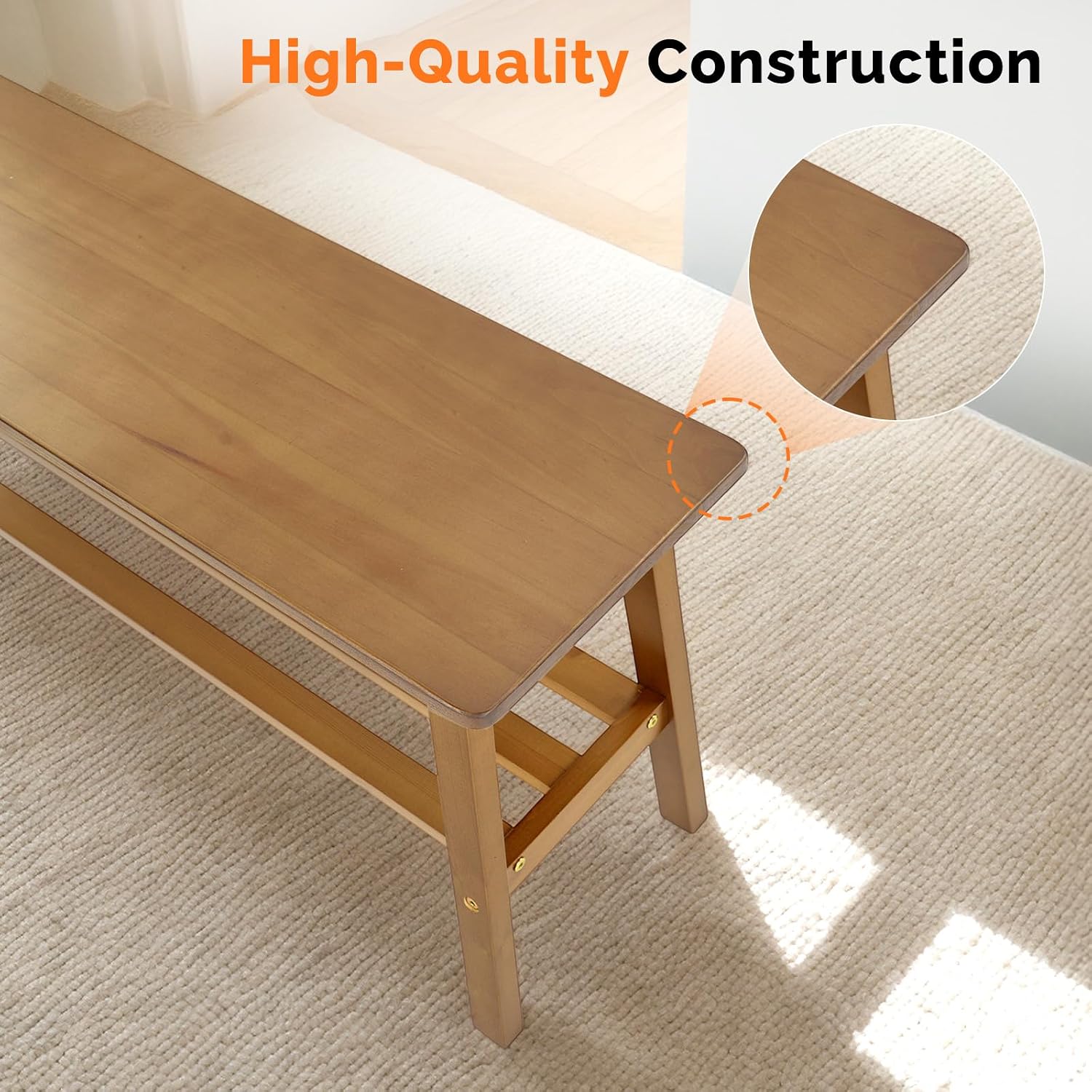 VINGLI Solid Wood Dining Bench 39" Wooden Bench for Entryway, Bedroom, Kitchen & Living Room, with Shoe Rack Storage, Light Brown