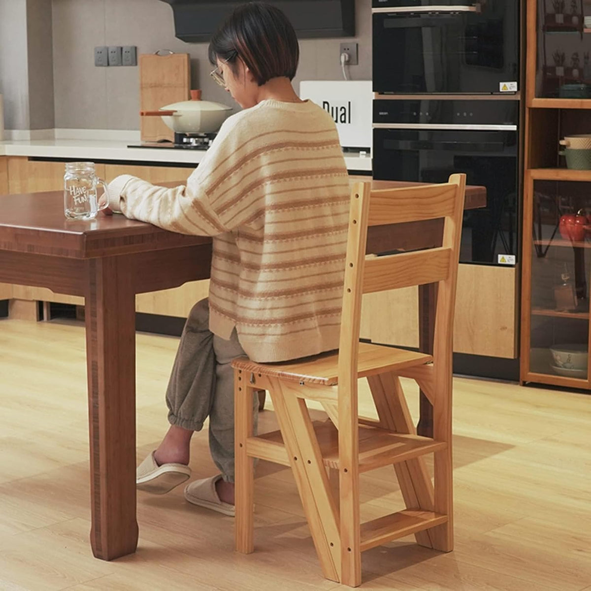 Solid Wood Foldable 4-Step Dual-Purpose Ladder Chair: for Library, as Step, Stool, Display Stand, Flower Stand (87 * 34 * 44.5cm, 90 * 35 * 46cm),Honey color-87 * 34 * 44.5cm