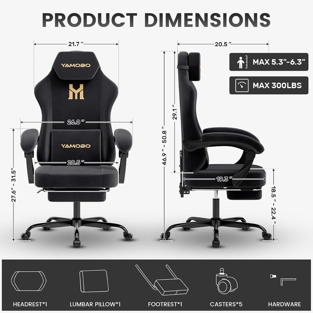 Gaming Chair with Footrest, Game Chair with Lumbar and Headrest Massage Support for Adults, Ergonomic Fabric High Back Computer Desk Gamer Chair with 360°Swivel Wheels for Office, Black