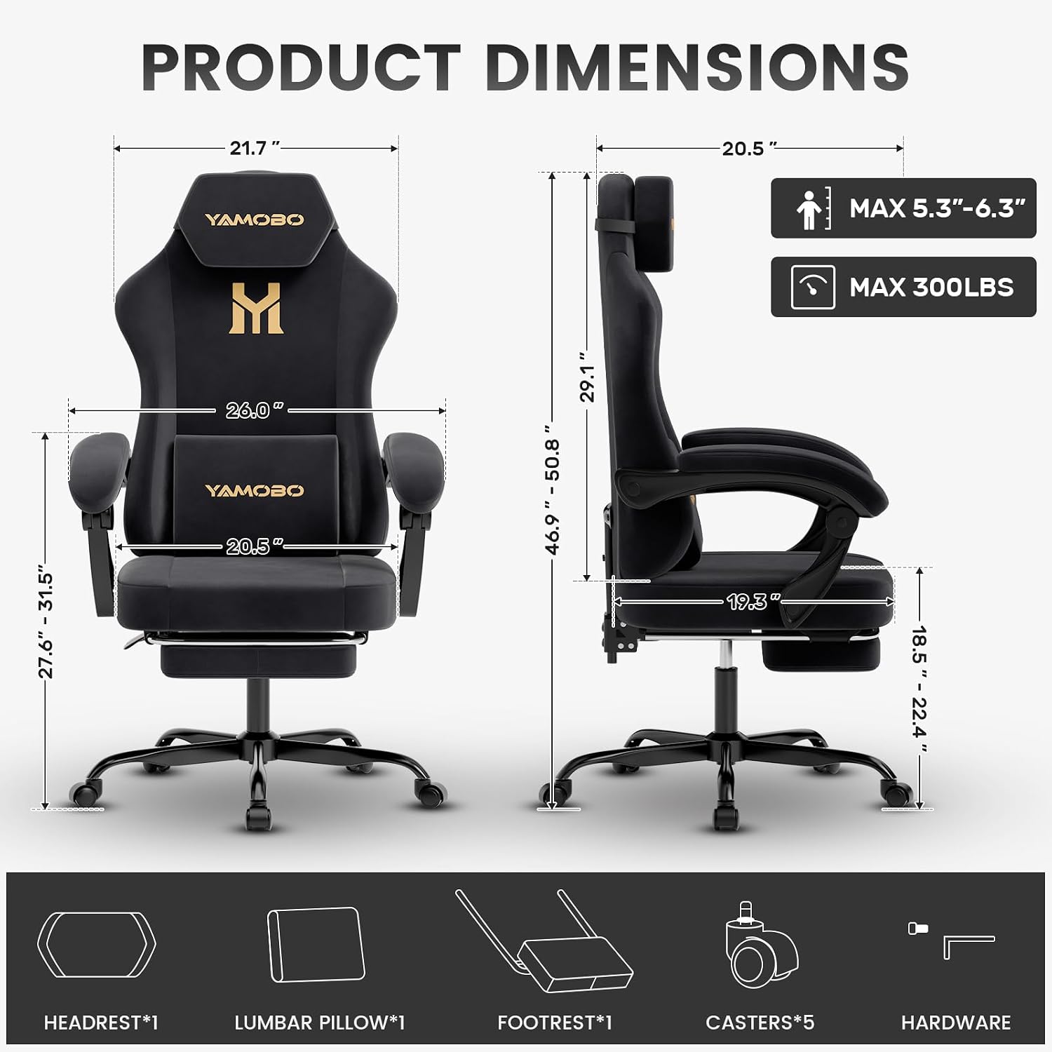Gaming Chair with Footrest, Game Chair with Lumbar and Headrest Massage Support for Adults, Ergonomic Fabric High Back Computer Desk Gamer Chair with 360°Swivel Wheels for Office, Black