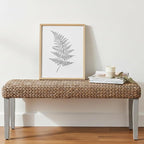 Solid Wood Acacia Indoor Bench with Natural Woven Water Hyacinth Seat, Wood Bench for Living Room or Entryway, Vintage Bench, Fishbone Style, Grey Leg